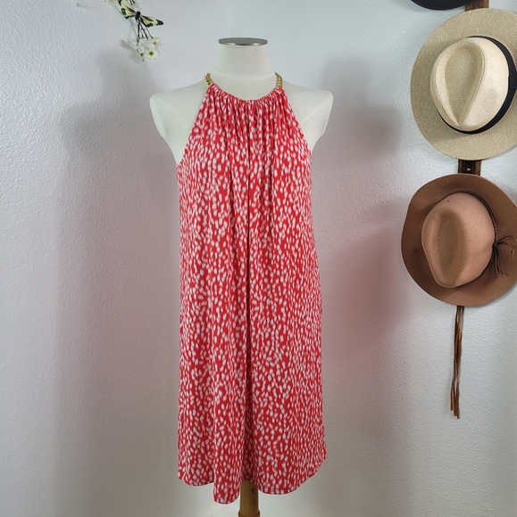 MICHAEL KORS CORAL & WHITE CHAIN NECK SLEEVELESS  STRETCH DRESS SZ: M - Picture 9 of 16